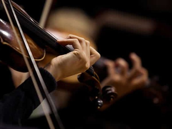 The girl's hand on the strings of a violin in dark colors